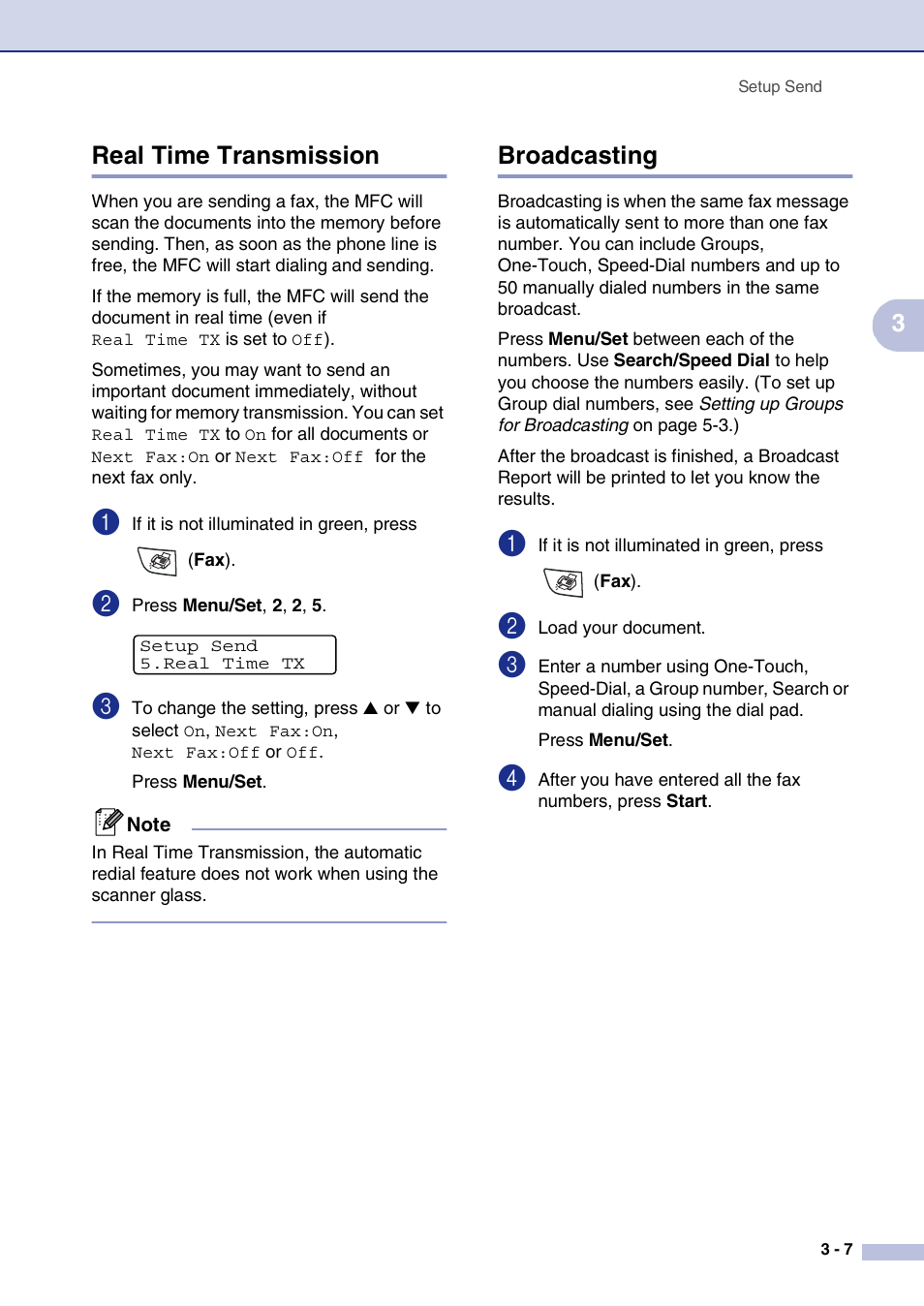 Real time transmission, Broadcasting, Real time transmission -7 broadcasting -7 | 3real time transmission | Brother MFC-7820N User Manual | Page 51 / 156