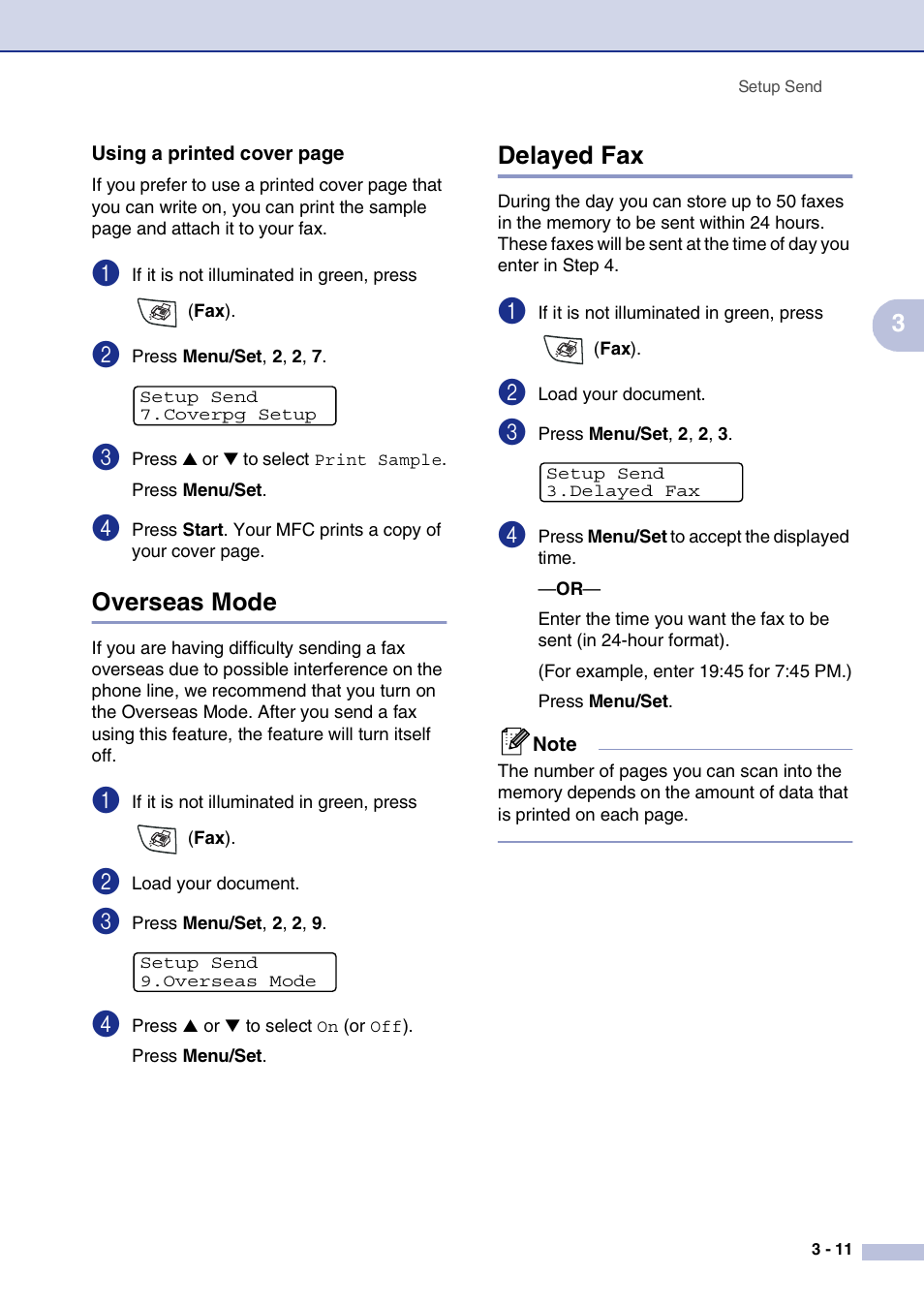 Overseas mode, Delayed fax, Overseas mode -11 delayed fax -11 | Brother MFC-7820N User Manual | Page 55 / 156
