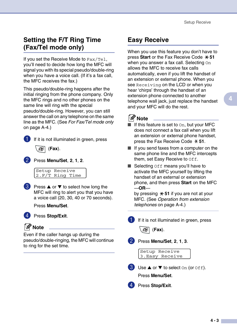 Setting the f/t ring time (fax/tel mode only), Easy receive, 4setting the f/t ring time (fax/tel mode only) | Brother MFC-7820N User Manual | Page 59 / 156