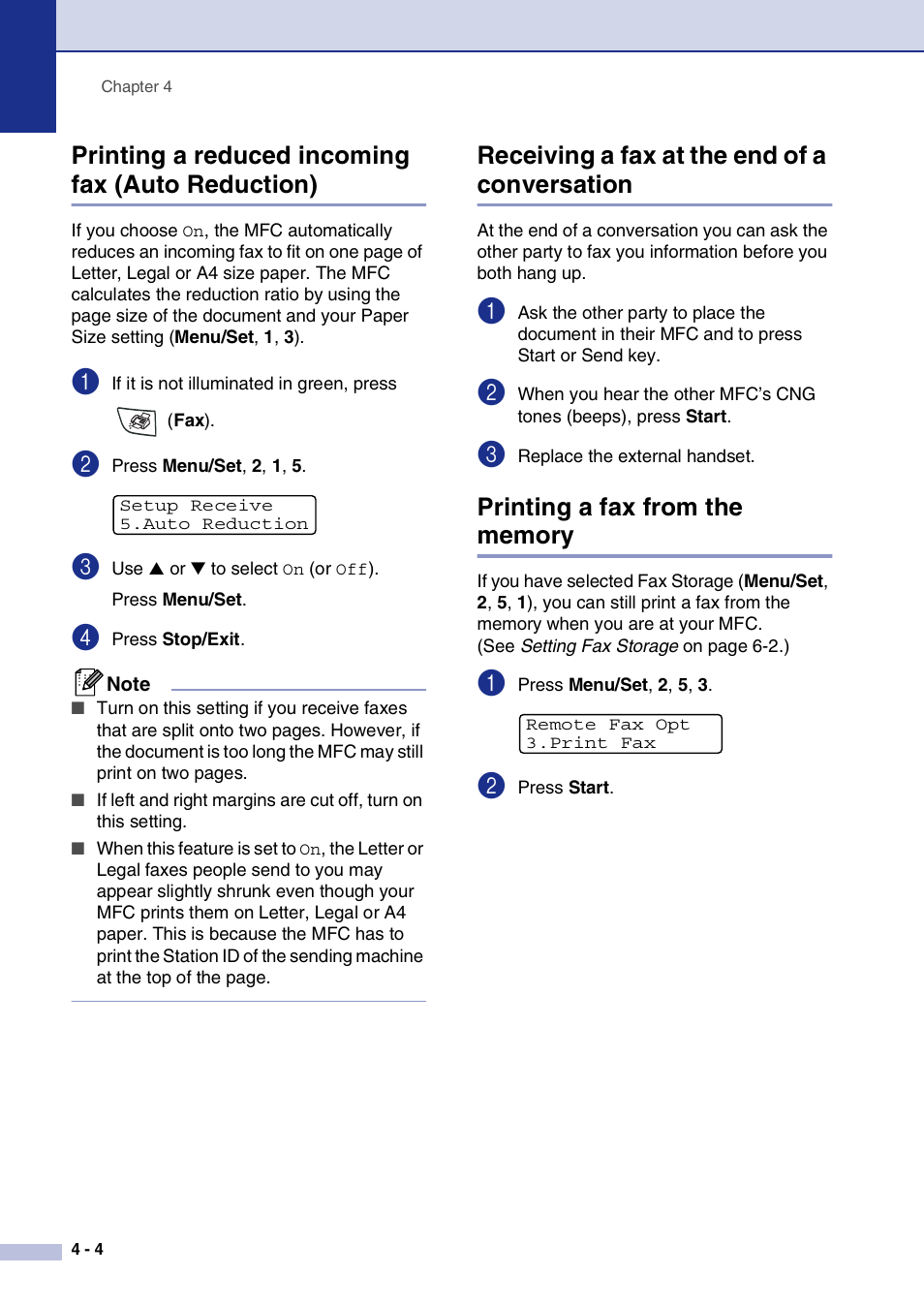 Printing a reduced incoming fax (auto reduction), Receiving a fax at the end of a conversation, Printing a fax from the memory | Brother MFC-7820N User Manual | Page 60 / 156