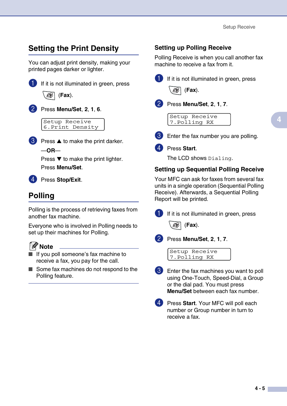 Setting the print density, Polling, Setting up polling receive | Setting up sequential polling receive, Setting the print density -5 polling -5, 4setting the print density | Brother MFC-7820N User Manual | Page 61 / 156