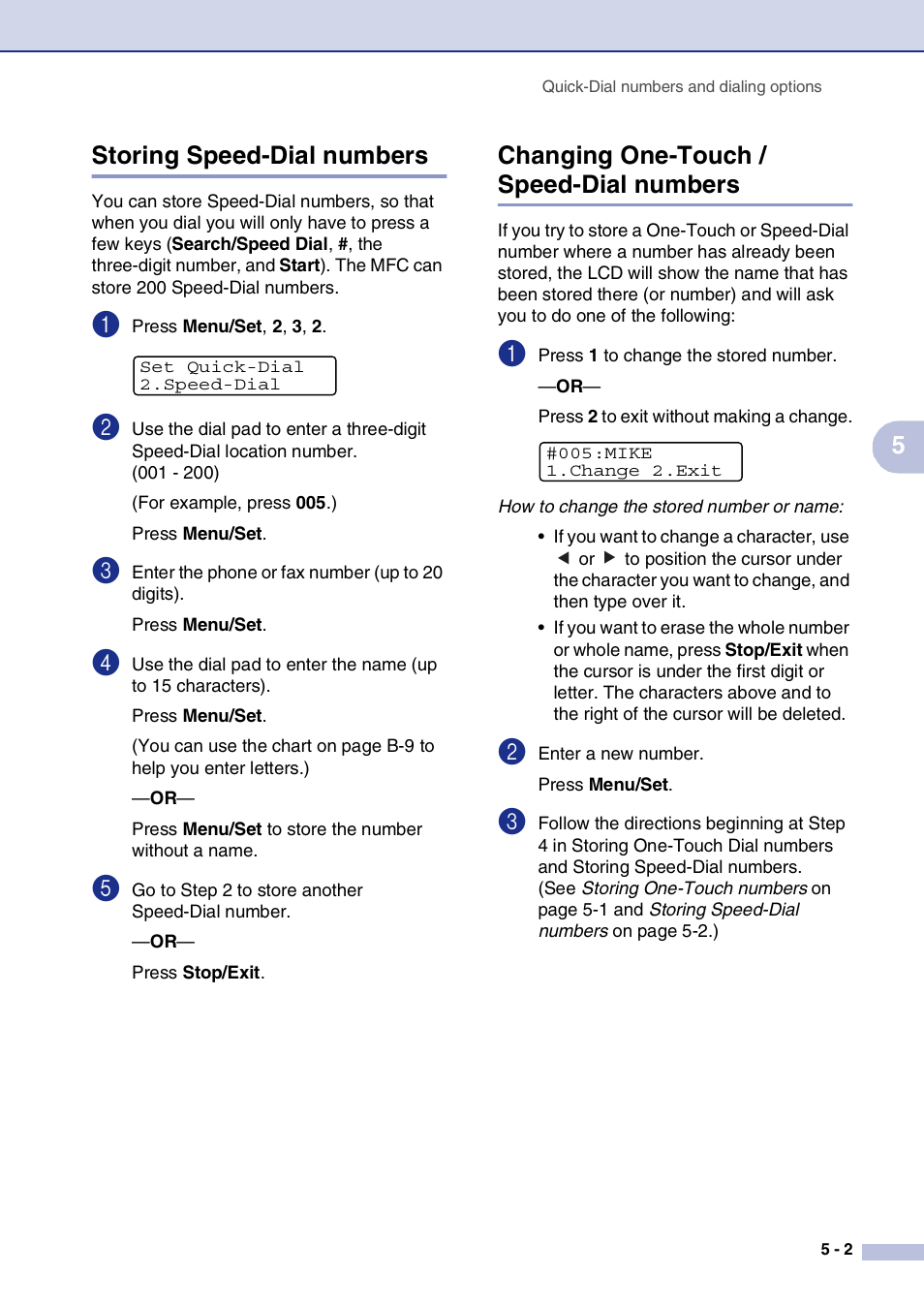 Storing speed-dial numbers, Changing one-touch / speed-dial numbers, 5storing speed-dial numbers | Brother MFC-7820N User Manual | Page 63 / 156
