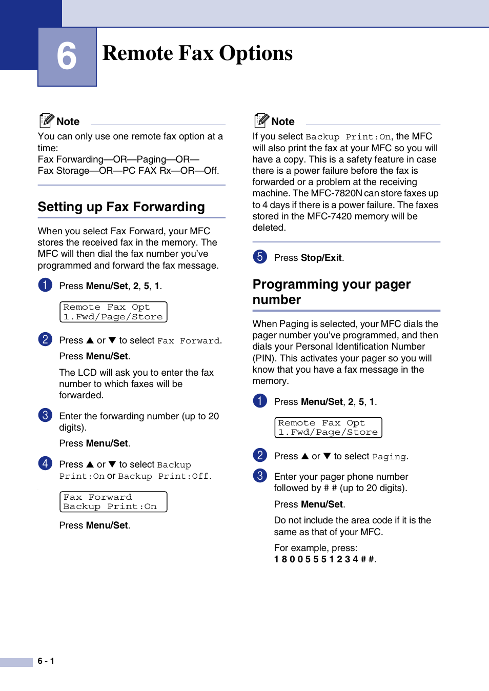 6 remote fax options, Setting up fax forwarding, Remote fax options | Brother MFC-7820N User Manual | Page 66 / 156