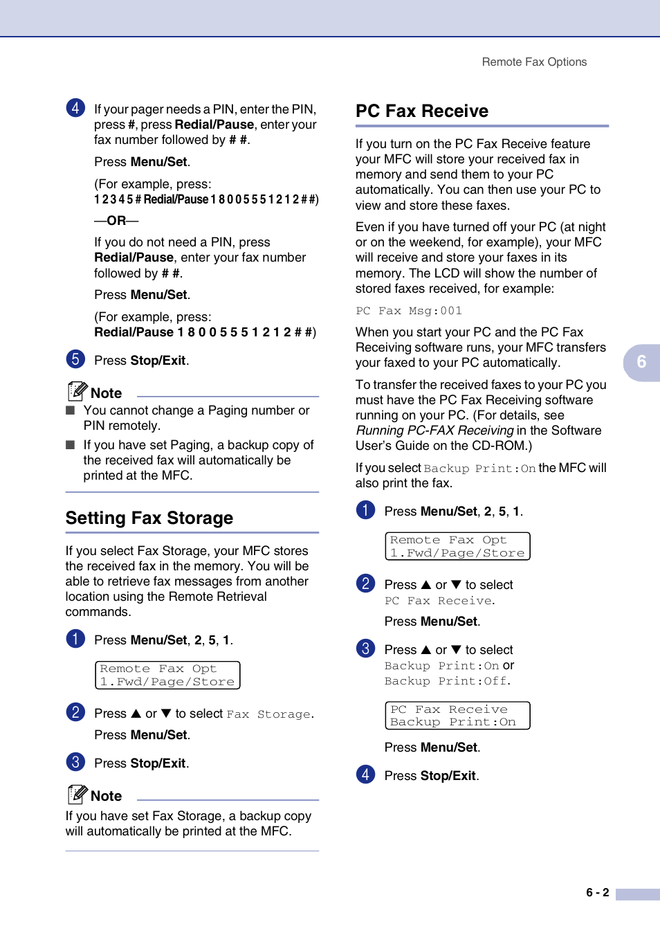 Setting fax storage, Setting pc fax receive, Setting fax storage -2 pc fax receive -2 | Pc fax receive | Brother MFC-7820N User Manual | Page 67 / 156