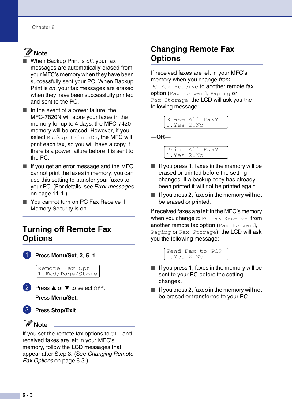 Turning off remote fax options, Changing remote fax options | Brother MFC-7820N User Manual | Page 68 / 156