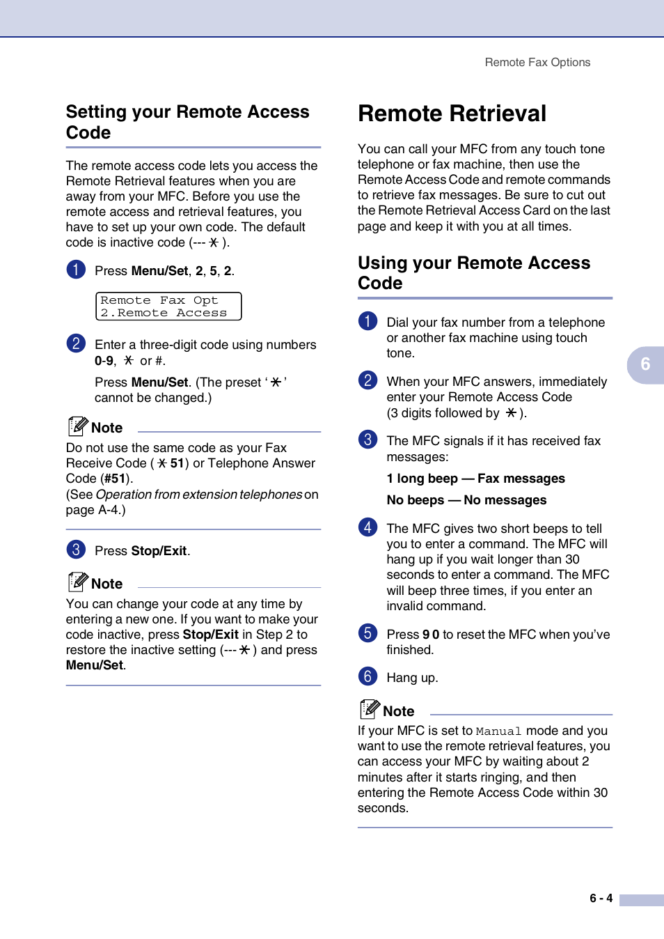 Setting your remote access code, Remote retrieval, Using your remote access code | Setting your remote access code -4, Remote retrieval -4, Using your remote access code -4, 6setting your remote access code | Brother MFC-7820N User Manual | Page 69 / 156