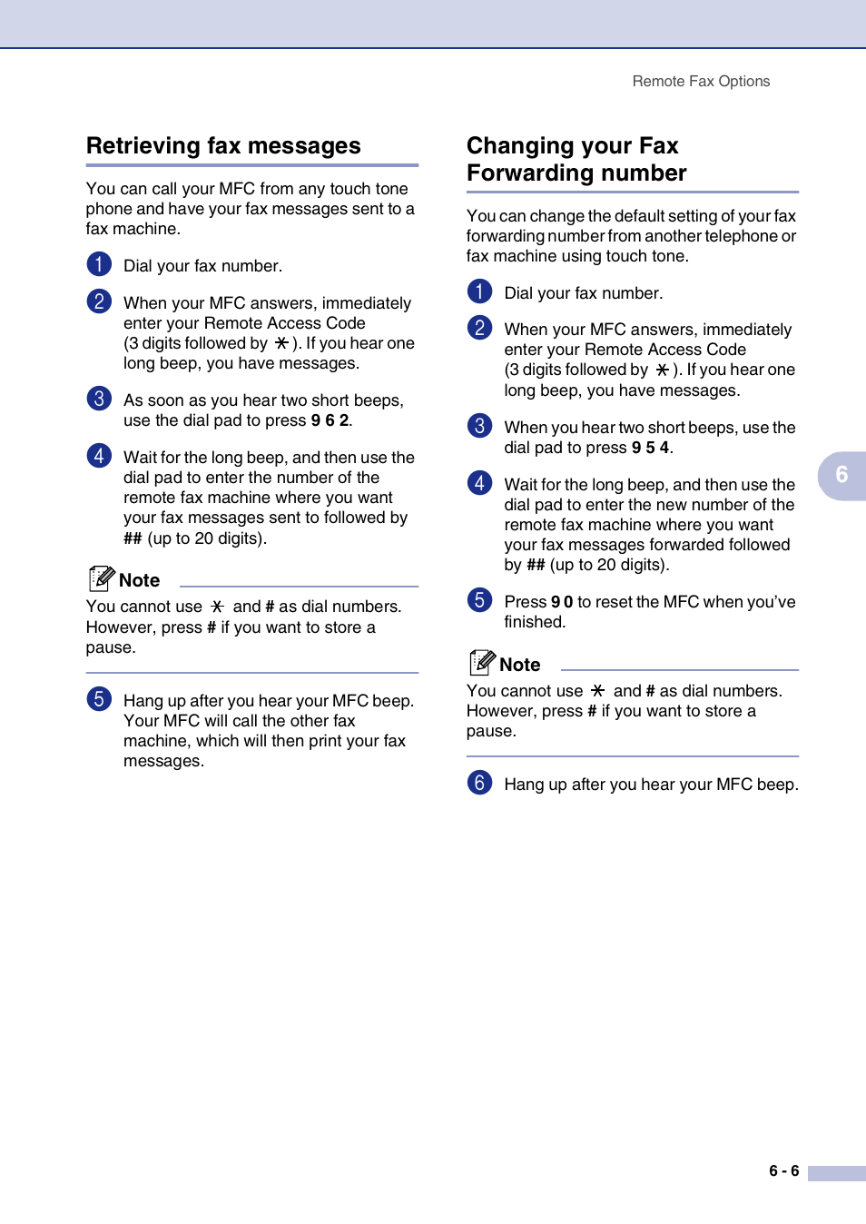 Retrieving fax messages, Changing your fax forwarding number, 6retrieving fax messages | Brother MFC-7820N User Manual | Page 71 / 156