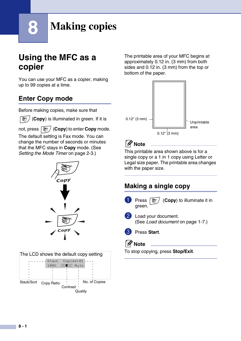8 making copies, Using the mfc as a copier, Enter copy mode | Making a single copy, Making copies, Using the mfc as a copier -1, Enter copy mode -1 making a single copy -1 | Brother MFC-7820N User Manual | Page 74 / 156