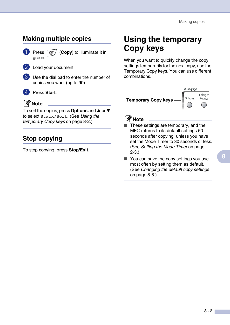 Making multiple copies, Stop copying, Using the temporary copy keys | Making multiple copies -2 stop copying -2, Using the temporary copy keys -2, 8making multiple copies | Brother MFC-7820N User Manual | Page 75 / 156