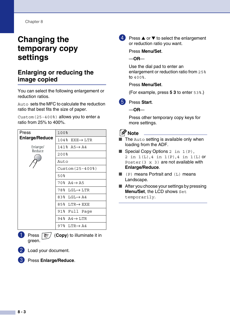 Changing the temporary copy settings, Enlarging or reducing the image copied, Changing the temporary copy settings -3 | Enlarging or reducing the image copied -3 | Brother MFC-7820N User Manual | Page 76 / 156