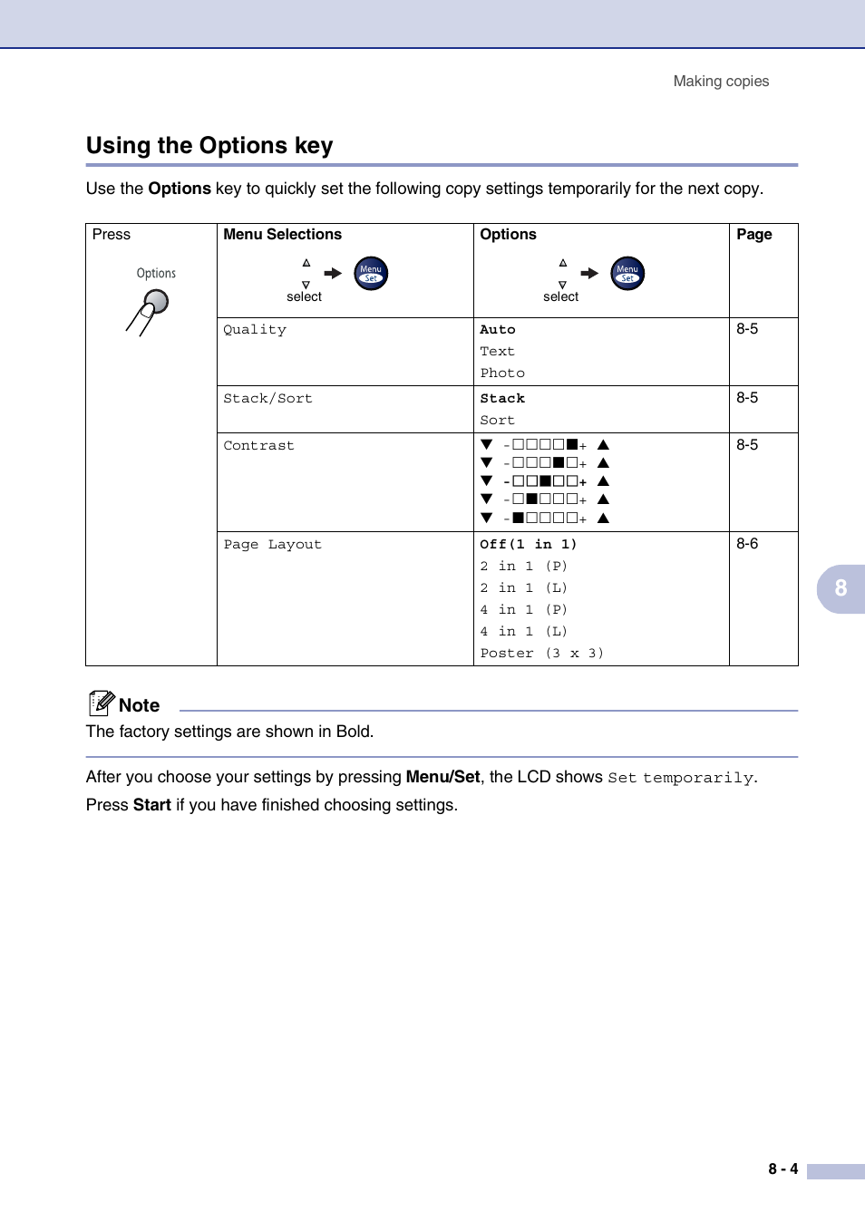 Using the options key, Using the options key -4, 8using the options key | Brother MFC-7820N User Manual | Page 77 / 156