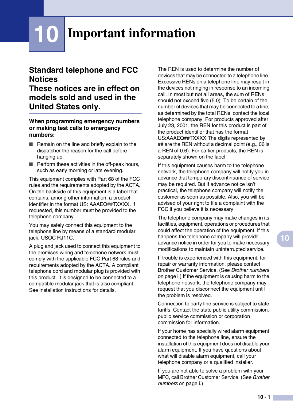 10 important information, Important information, Standard telephone and fcc notices | Brother MFC-7820N User Manual | Page 83 / 156