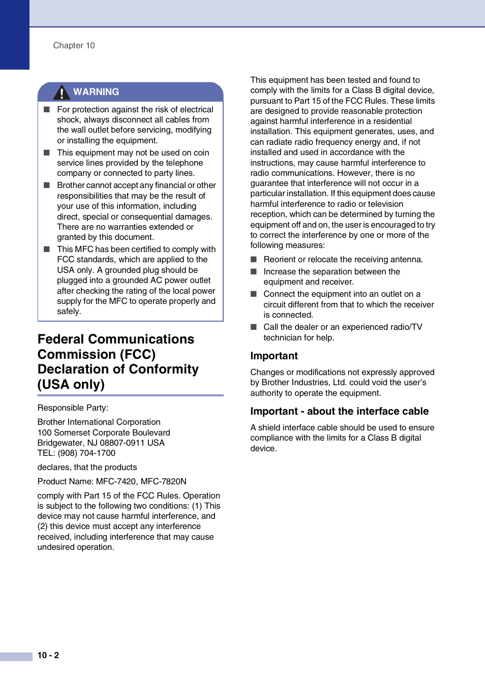 Important, Important - about the interface cable | Brother MFC-7820N User Manual | Page 84 / 156
