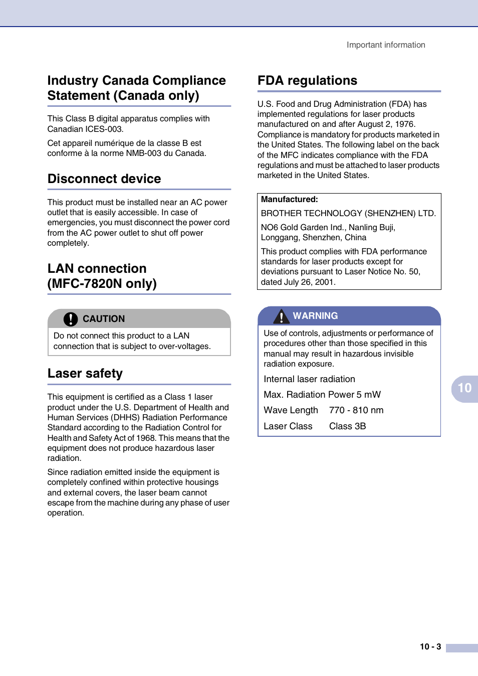 Industry canada compliance statement (canada only), Disconnect device, Lan connection (mfc-7820n only) | Laser safety, Fda regulations, Lan connection (mfc-7820n only) laser safety | Brother MFC-7820N User Manual | Page 85 / 156
