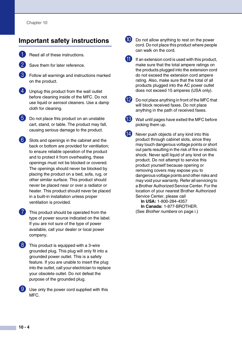 Important safety instructions, Important safety instructions -4 | Brother MFC-7820N User Manual | Page 86 / 156