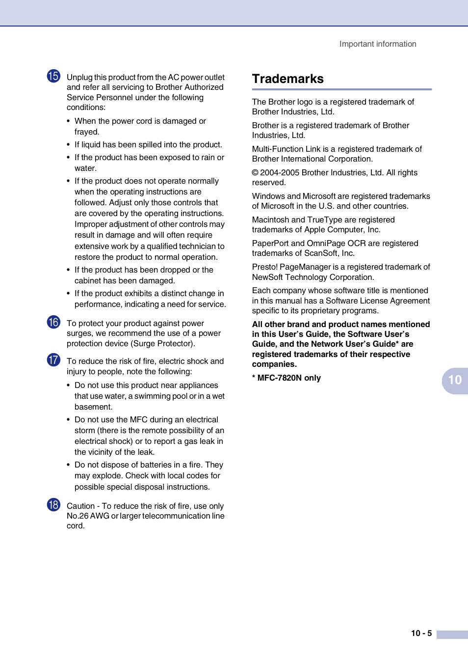 Trademarks, Trademarks -5 | Brother MFC-7820N User Manual | Page 87 / 156