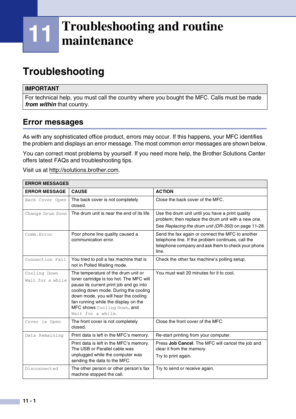 11 troubleshooting and routine maintenance, Troubleshooting, Error messages | Troubleshooting and routine maintenance, Troubleshooting -1, Error messages -1 | Brother MFC-7820N User Manual | Page 88 / 156