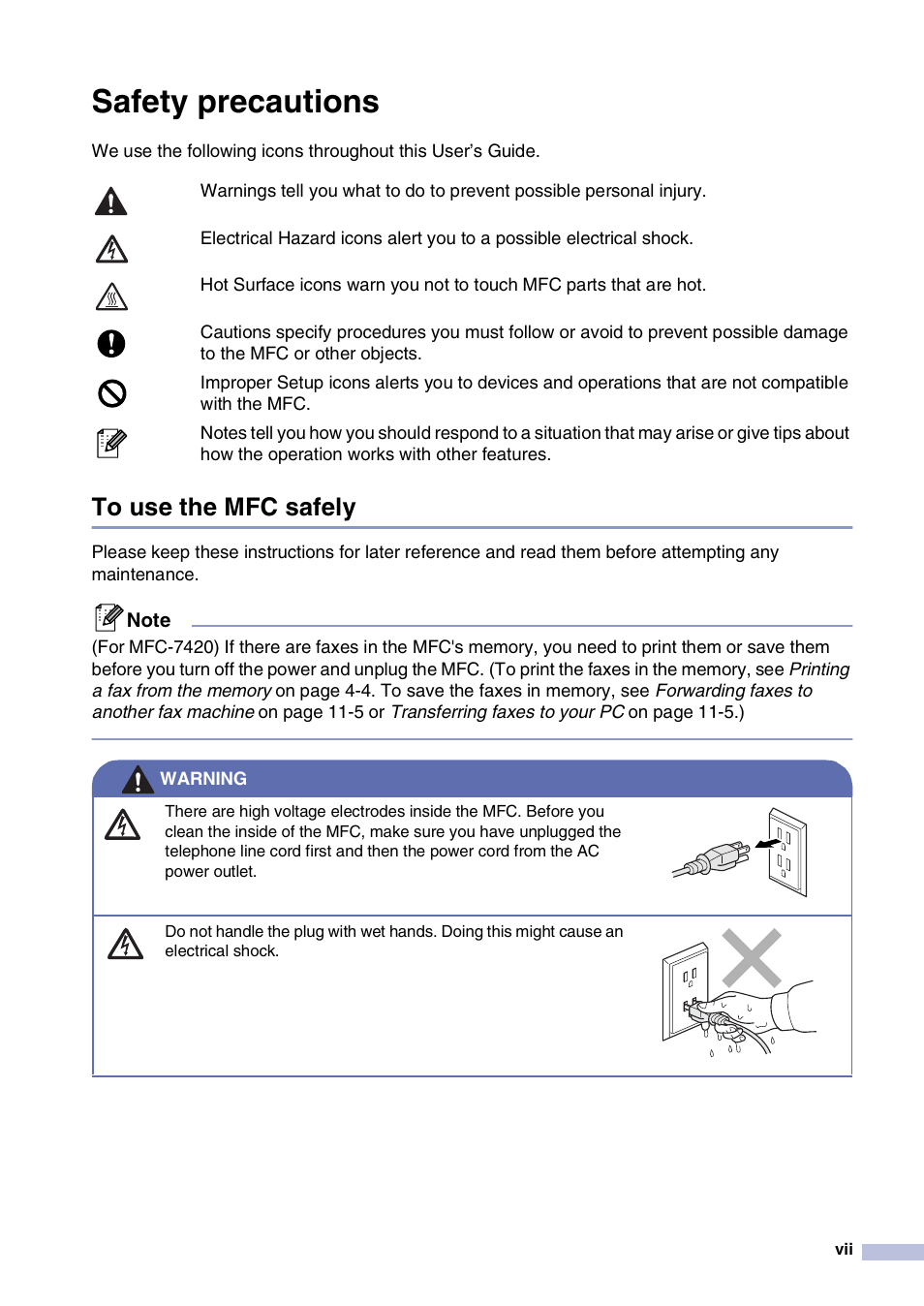 Safety precautions, To use the mfc safely | Brother MFC-7820N User Manual | Page 9 / 156