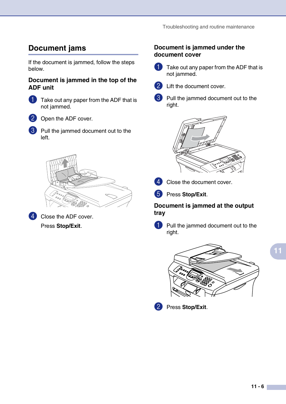 Document jams, Document is jammed in the top of the adf unit, Document is jammed under the document cover | Document is jammed at the output tray, Document jams -6 | Brother MFC-7820N User Manual | Page 93 / 156