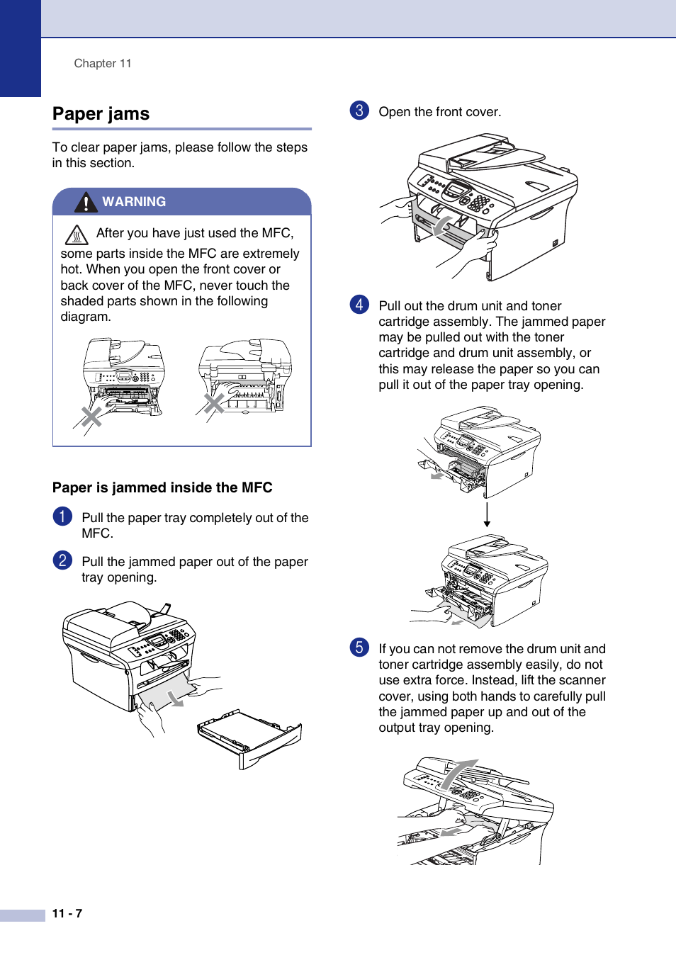 Paper jams, Paper is jammed inside the mfc, Paper jams -7 | Paper is jammed inside the mfc -7 | Brother MFC-7820N User Manual | Page 94 / 156