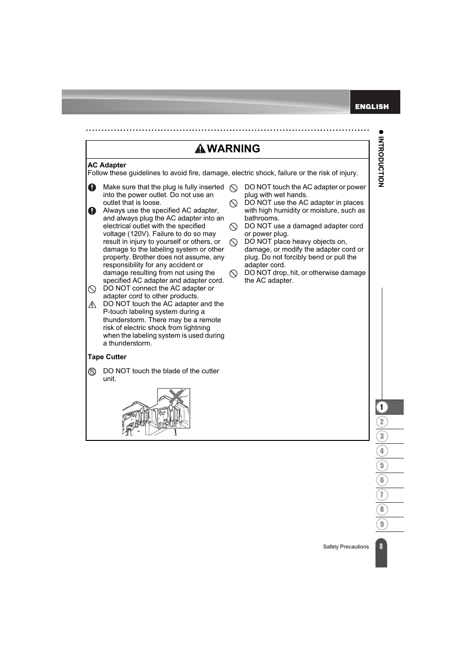 Warning | Brother PT-E300 User Manual | Page 11 / 61