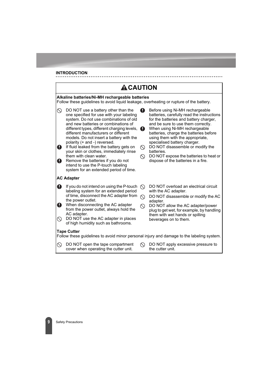 Caution | Brother PT-E300 User Manual | Page 12 / 61