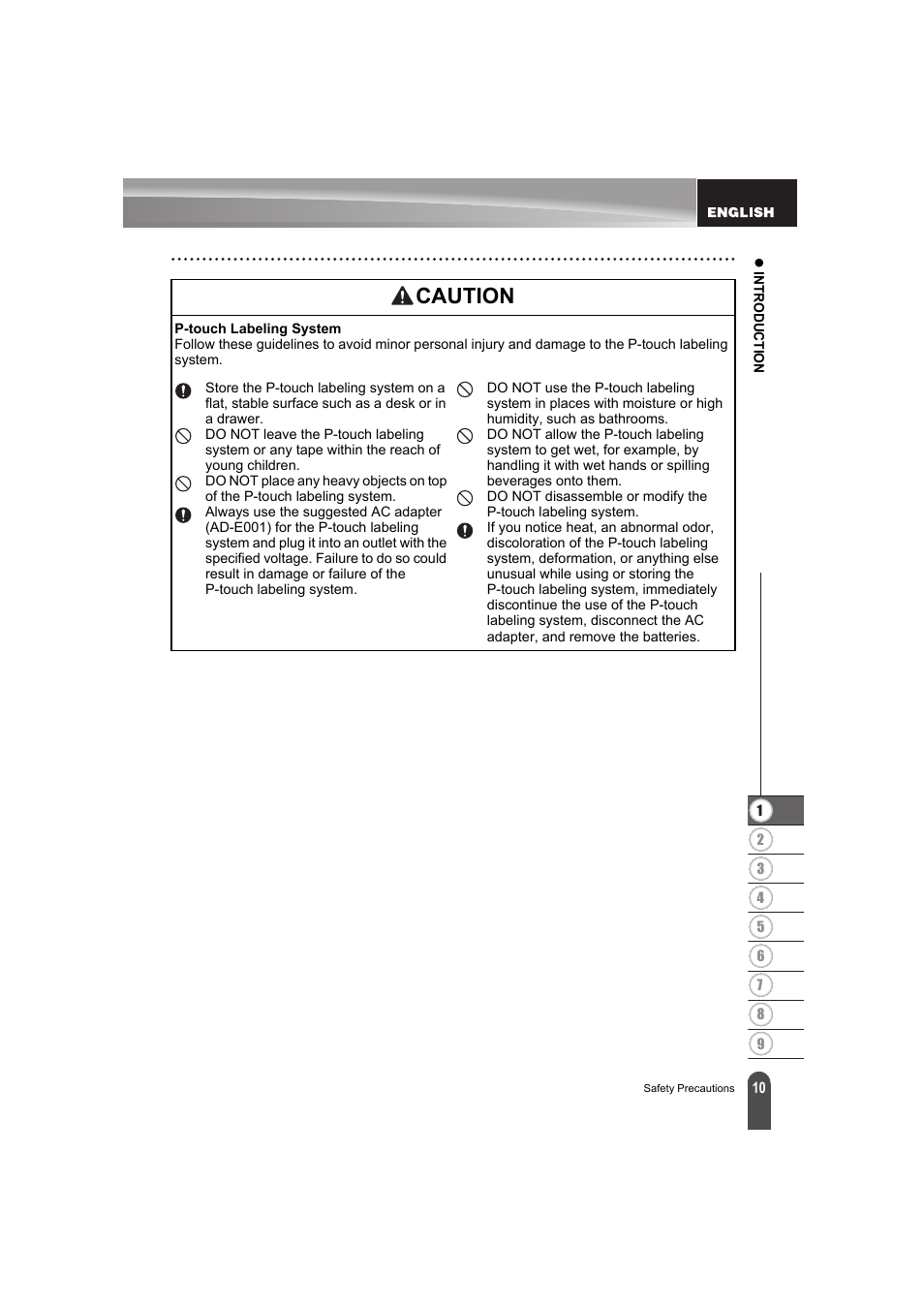 Caution | Brother PT-E300 User Manual | Page 13 / 61