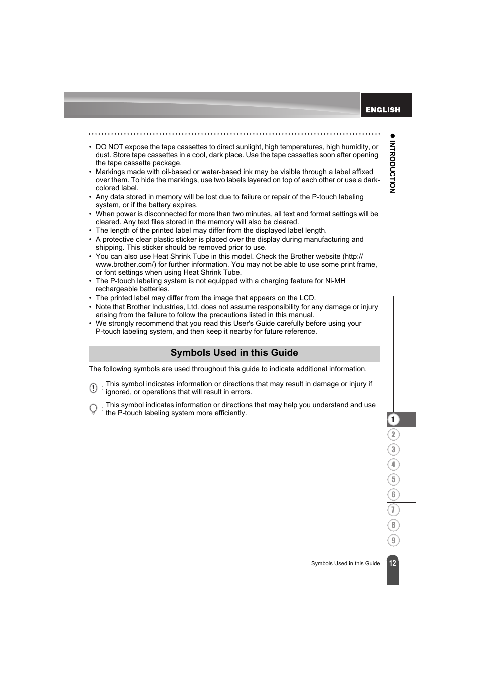 Symbols used in this guide | Brother PT-E300 User Manual | Page 15 / 61