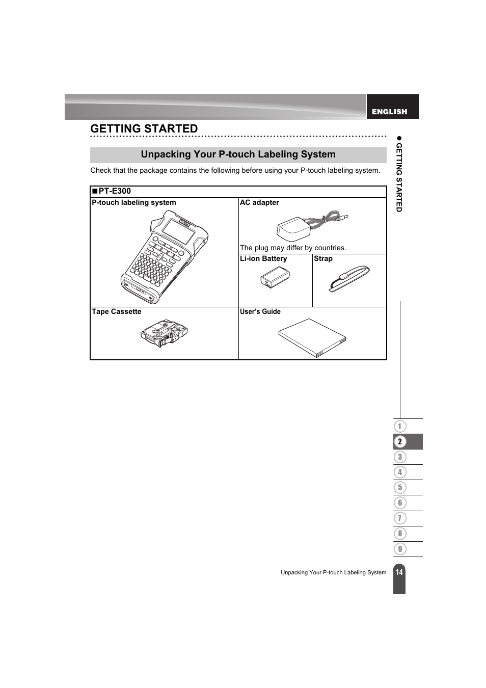 Getting started, Unpacking your p-touch labeling system, P. 14 | Brother PT-E300 User Manual | Page 17 / 61