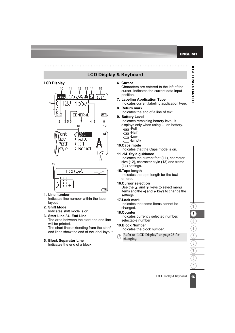 Lcd display & keyboard, Lcd display | Brother PT-E300 User Manual | Page 19 / 61