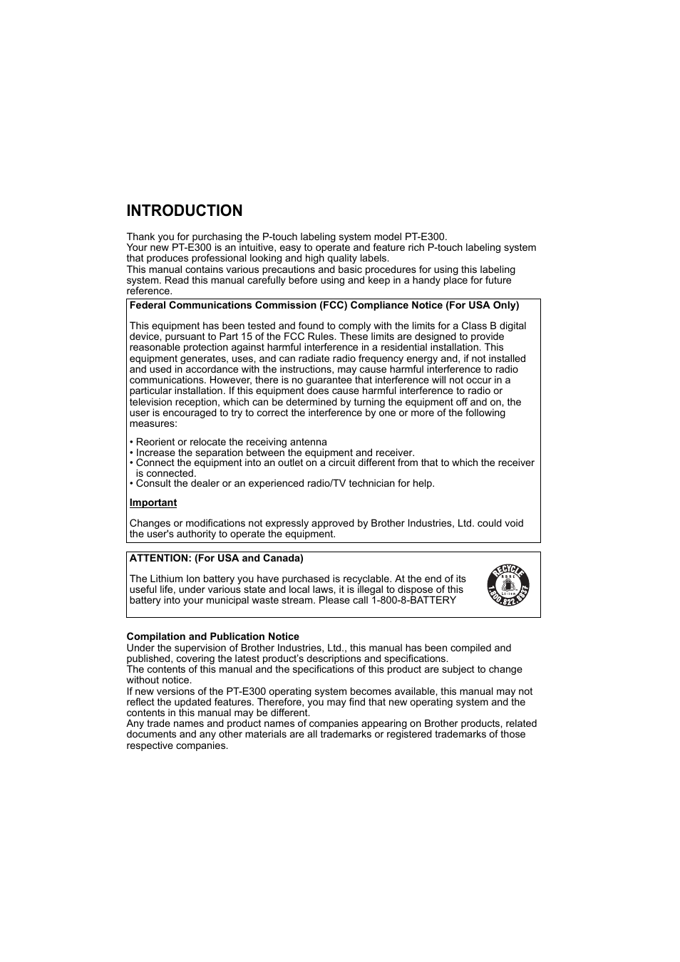 Introduction | Brother PT-E300 User Manual | Page 2 / 61