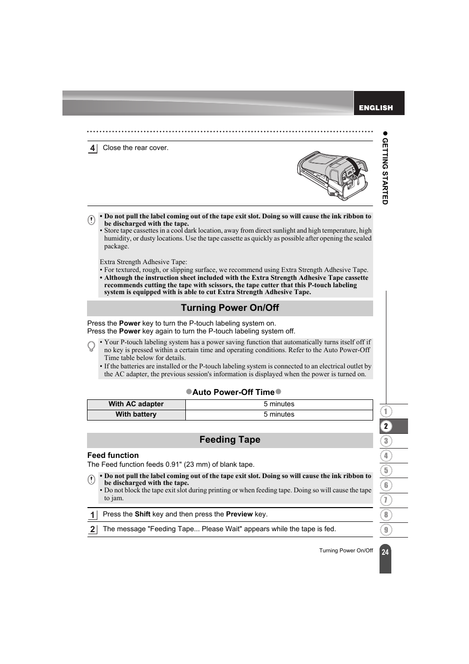 Turning power on/off, Feeding tape, Feed function | Brother PT-E300 User Manual | Page 27 / 61