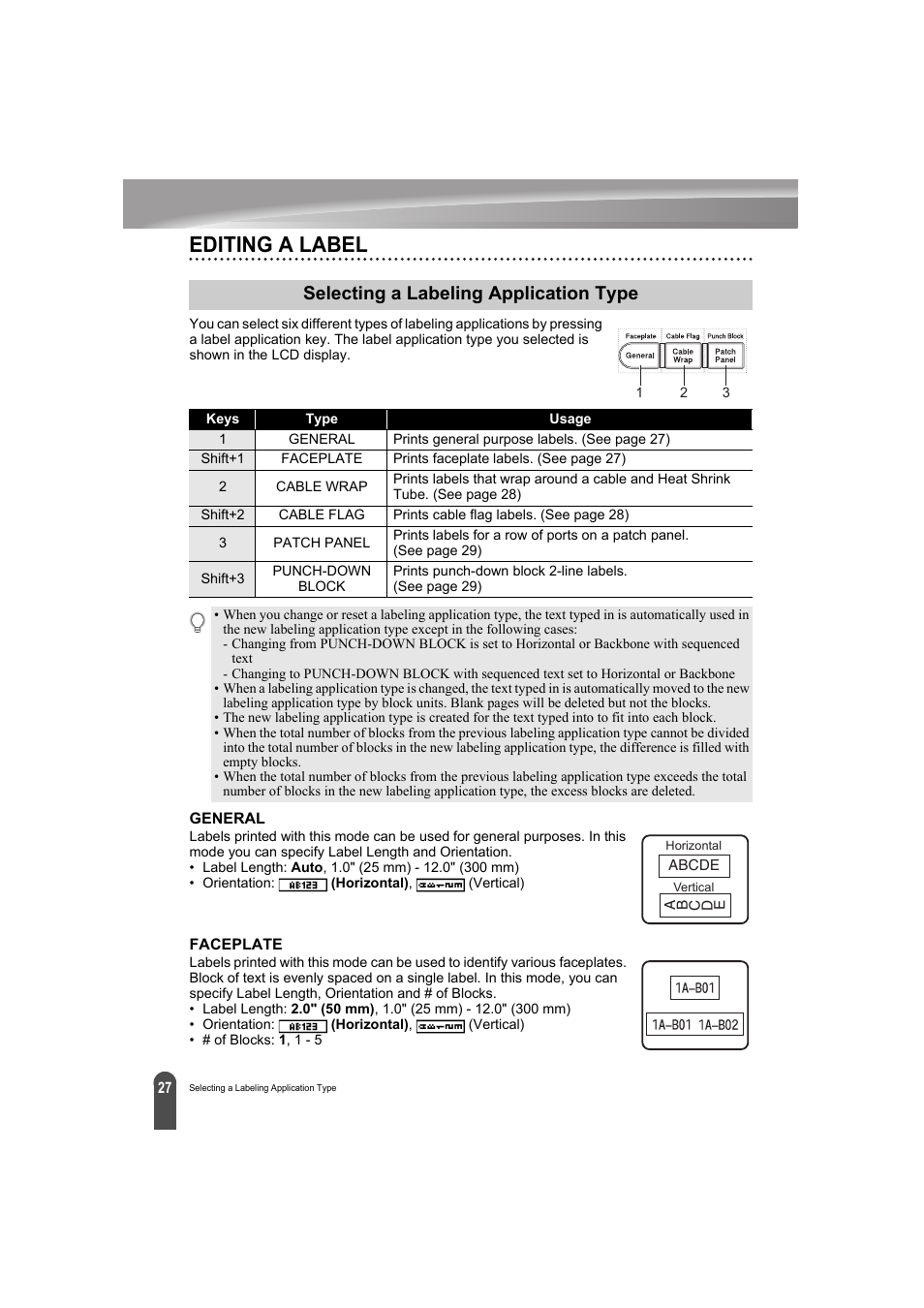 Editing a label, Selecting a labeling application type, General | Faceplate, P. 27 | Brother PT-E300 User Manual | Page 30 / 61