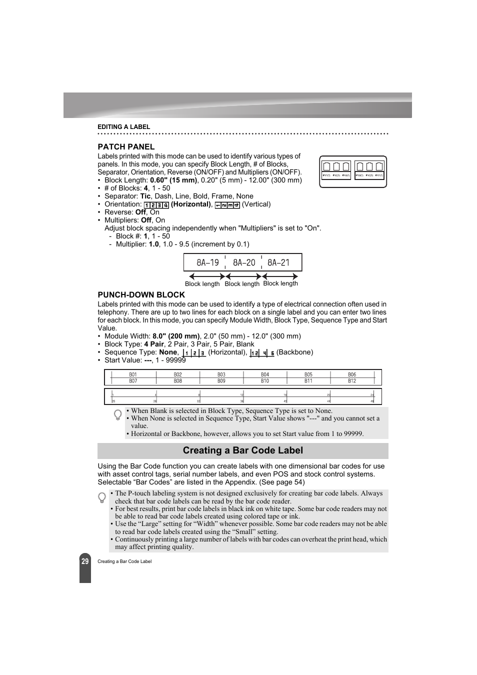 Patch panel, Punch-down block, Creating a bar code label | Brother PT-E300 User Manual | Page 32 / 61