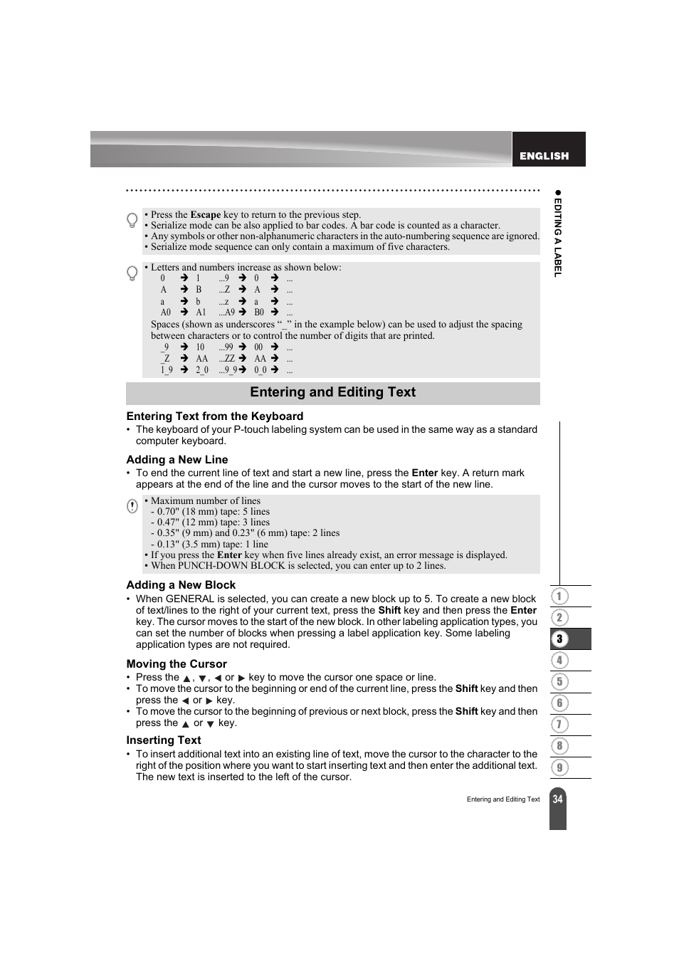 Entering and editing text, Entering text from the keyboard, Adding a new line | Adding a new block, Moving the cursor, Inserting text, P. 34 | Brother PT-E300 User Manual | Page 37 / 61