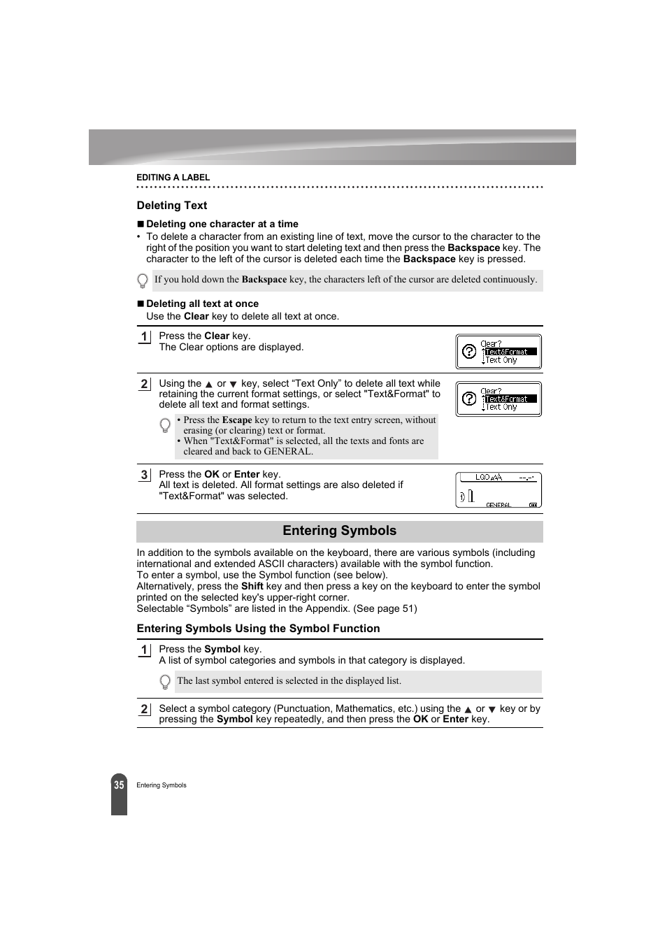 Deleting text, Entering symbols, Entering symbols using the symbol function | P. 35 | Brother PT-E300 User Manual | Page 38 / 61