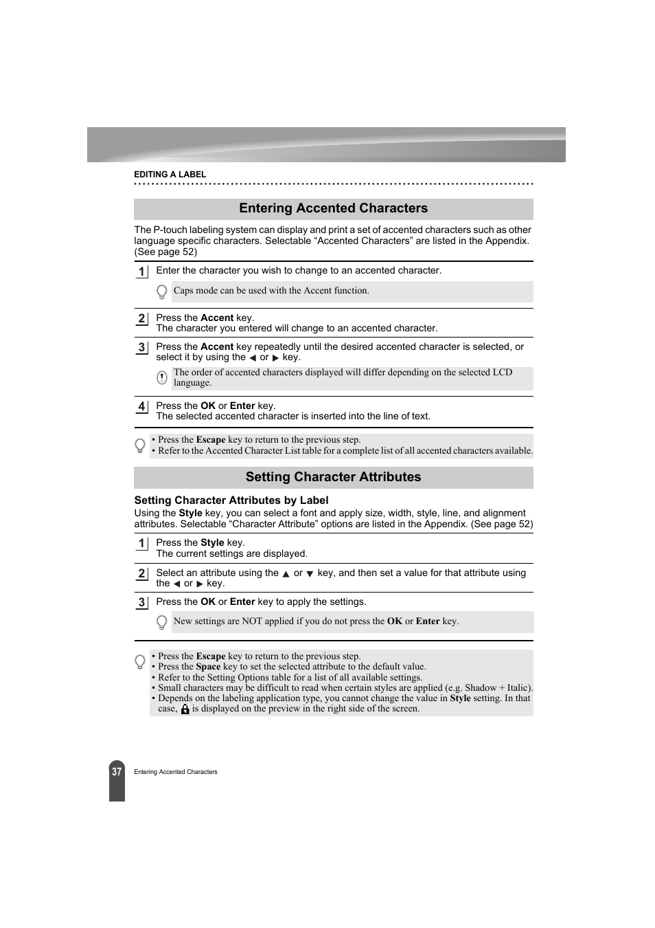 Entering accented characters, Setting character attributes, Setting character attributes by label | P. 37 | Brother PT-E300 User Manual | Page 40 / 61