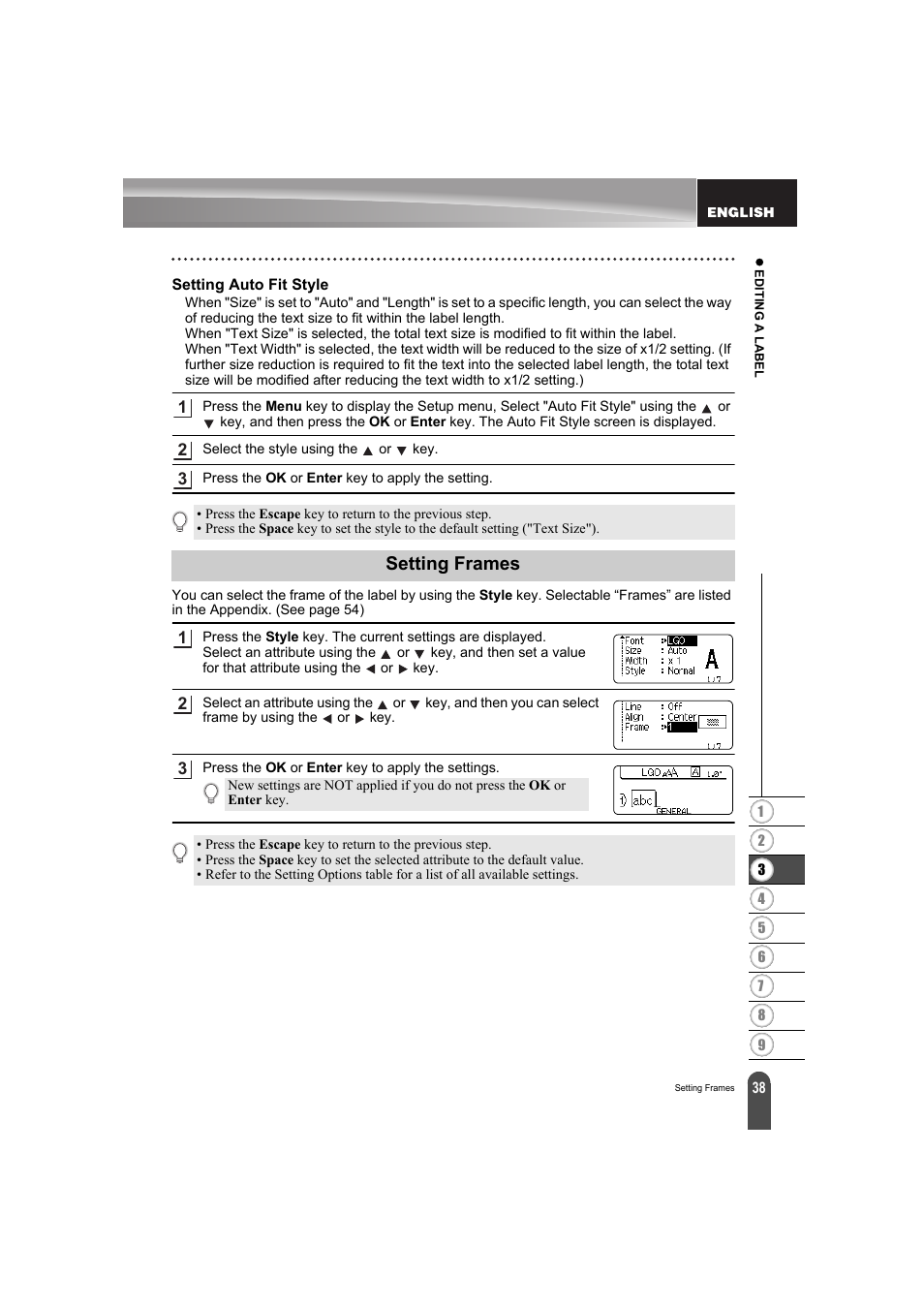 Setting auto fit style, Setting frames | Brother PT-E300 User Manual | Page 41 / 61