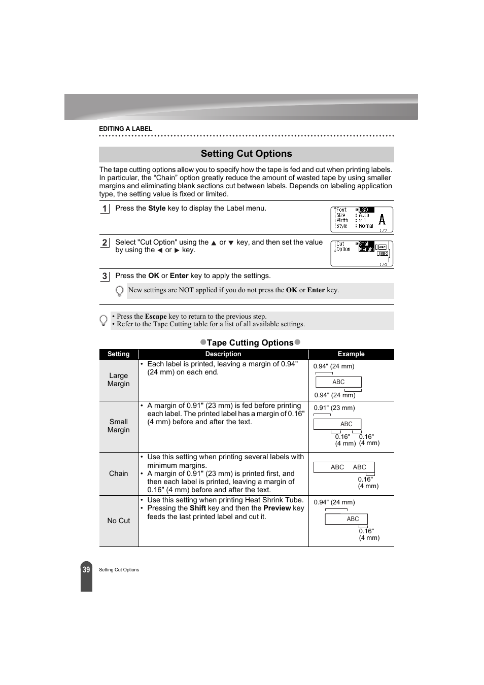 Setting cut options, P. 39, Zsetting cut options | Brother PT-E300 User Manual | Page 42 / 61