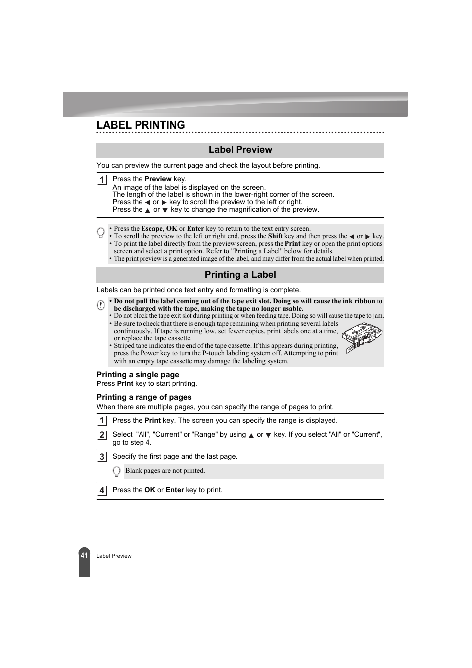Label printing, Label preview, Printing a label | P. 41 | Brother PT-E300 User Manual | Page 44 / 61