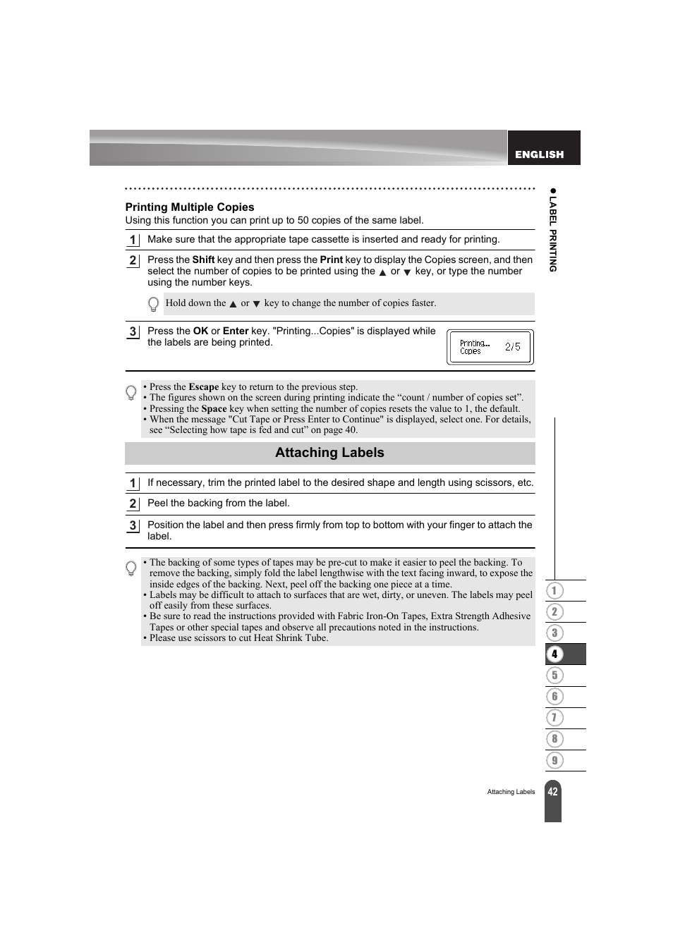 Printing multiple copies, Attaching labels | Brother PT-E300 User Manual | Page 45 / 61