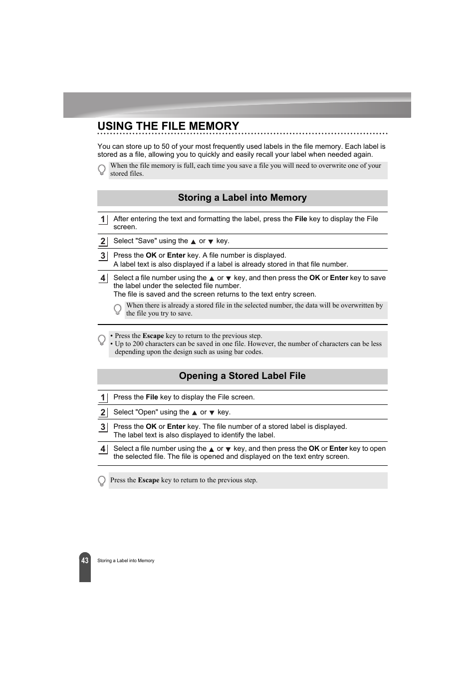 Using the file memory, Storing a label into memory, Opening a stored label file | Brother PT-E300 User Manual | Page 46 / 61