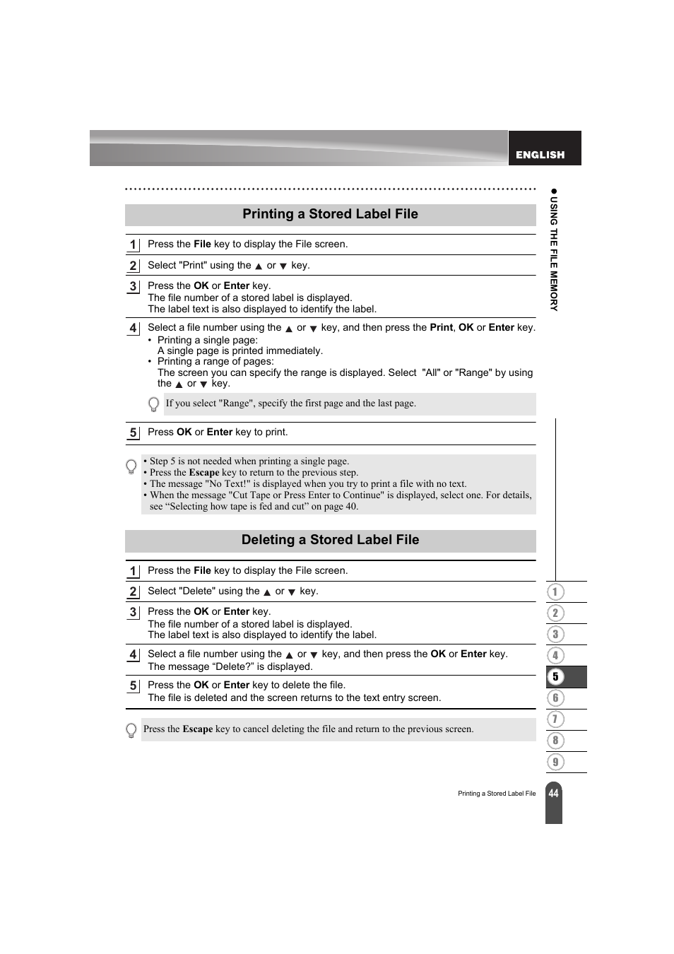 Printing a stored label file, Deleting a stored label file | Brother PT-E300 User Manual | Page 47 / 61