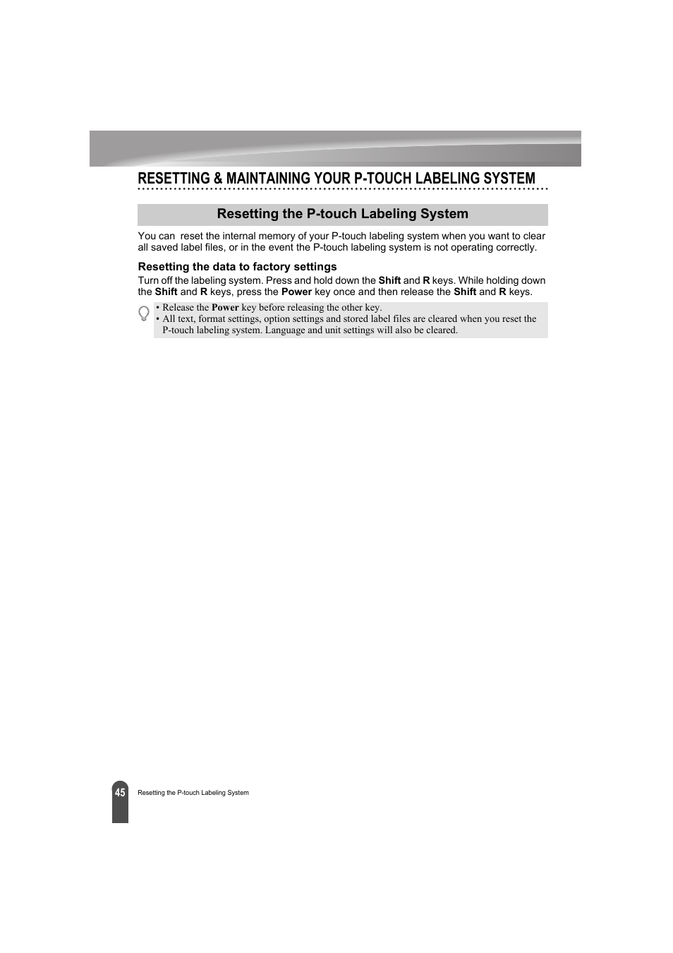 Resetting the p-touch labeling system, Resetting the data to factory settings | Brother PT-E300 User Manual | Page 48 / 61