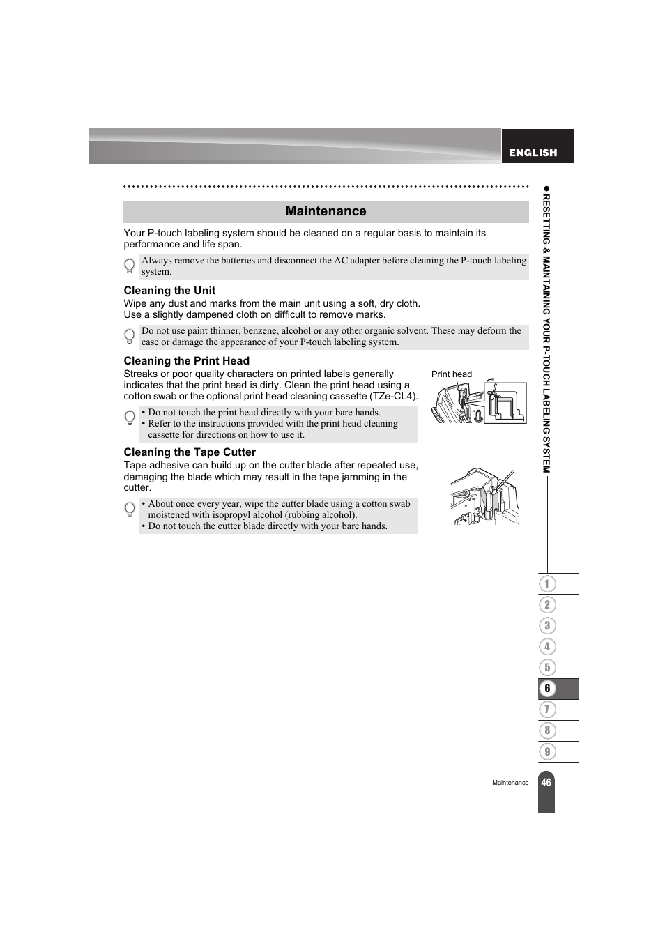 Maintenance, Cleaning the unit, Cleaning the print head | Cleaning the tape cutter | Brother PT-E300 User Manual | Page 49 / 61