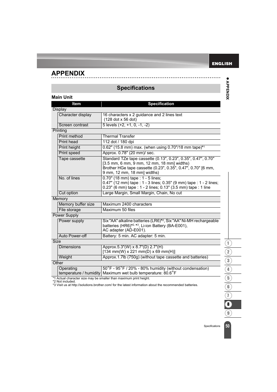 Appendix, Specifications | Brother PT-E300 User Manual | Page 53 / 61