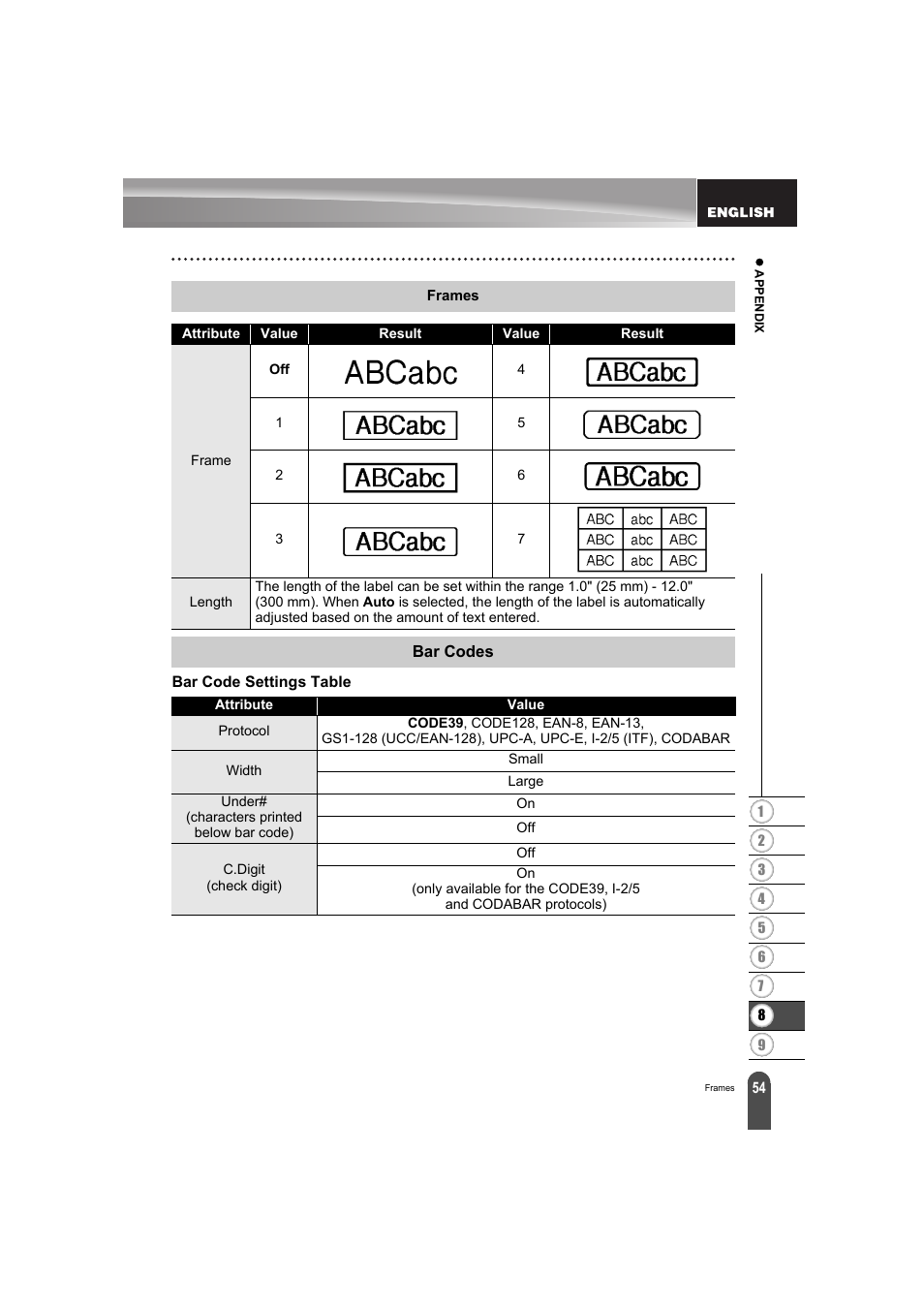 Frames, Bar codes, Bar code settings table | Brother PT-E300 User Manual | Page 57 / 61