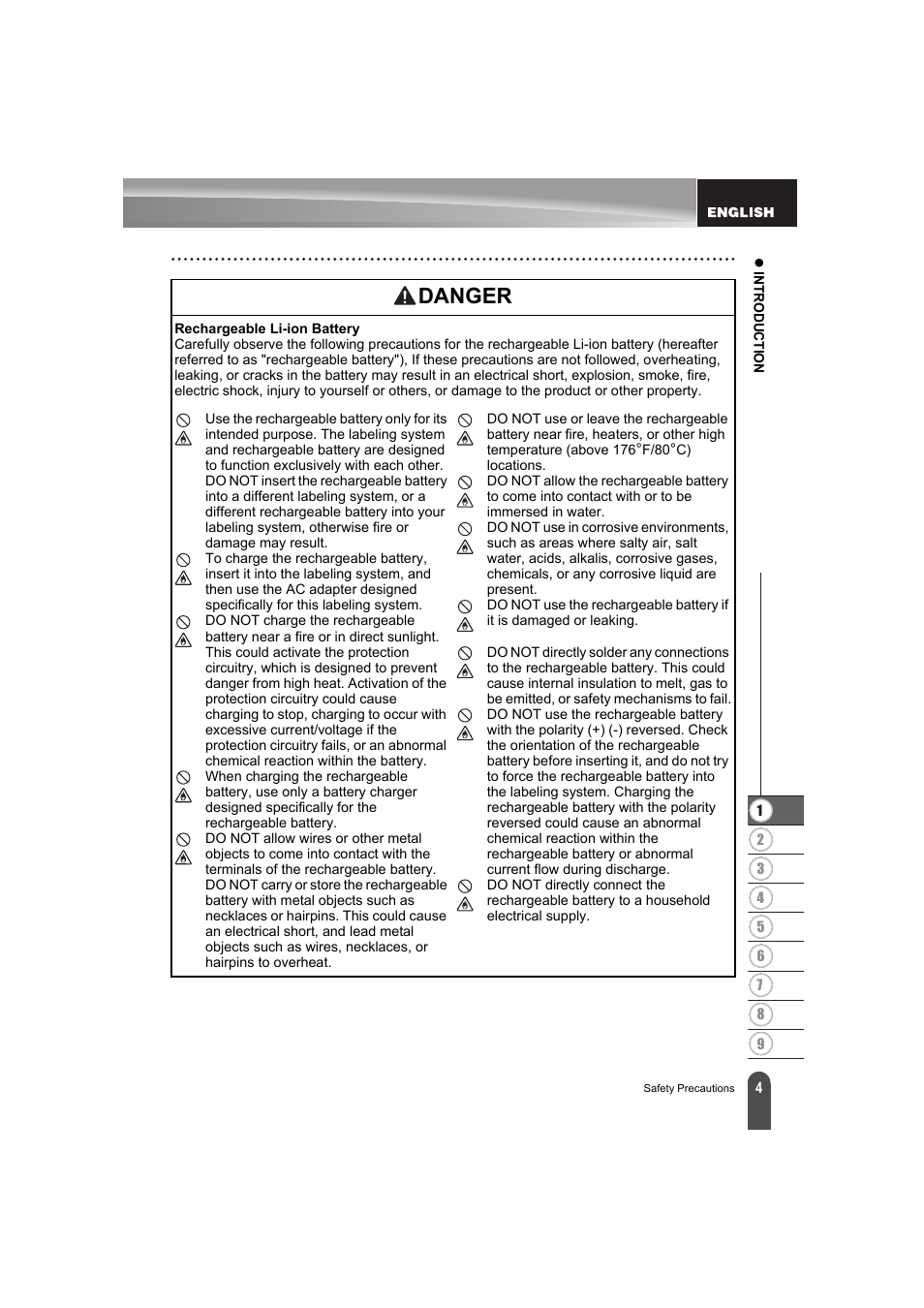 Danger | Brother PT-E300 User Manual | Page 7 / 61