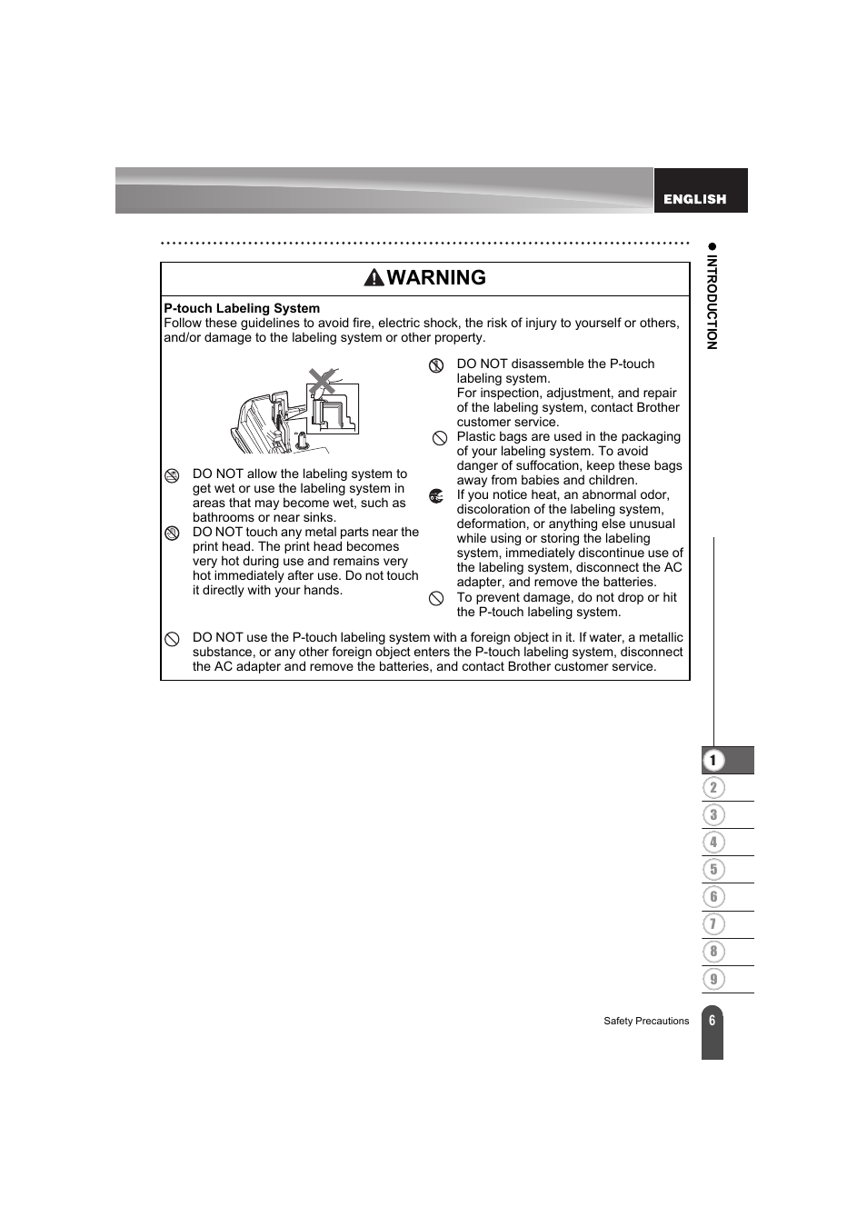Warning | Brother PT-E300 User Manual | Page 9 / 61