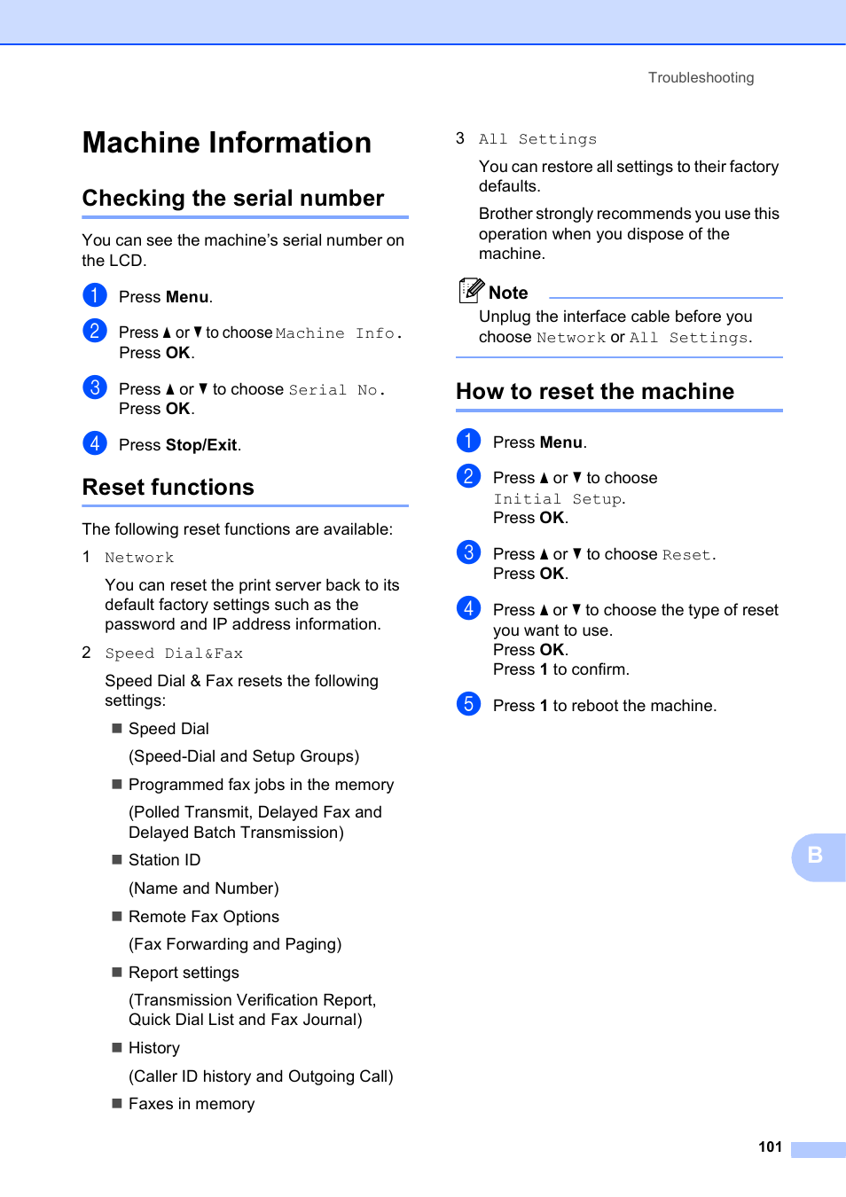 Machine information, Checking the serial number, Reset functions | How to reset the machine | Brother MFC J6510DW User Manual | Page 115 / 163